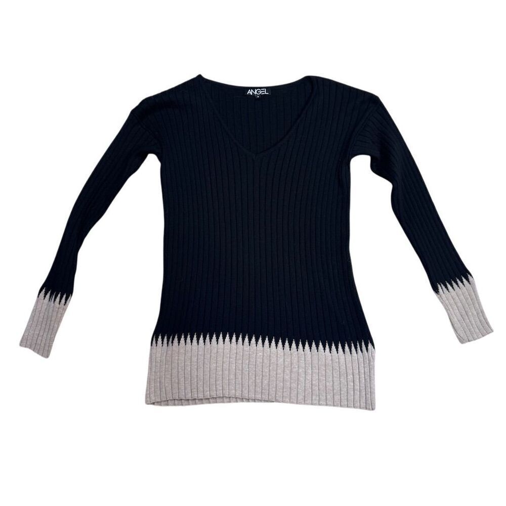 EUC Angel Women's V-Neck Ribbed Two-Tone Sweater Multicolor Size S - Picture 3 of 5